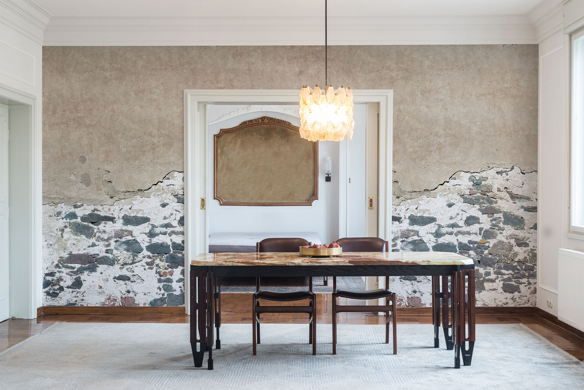 Dining room interior with marble table