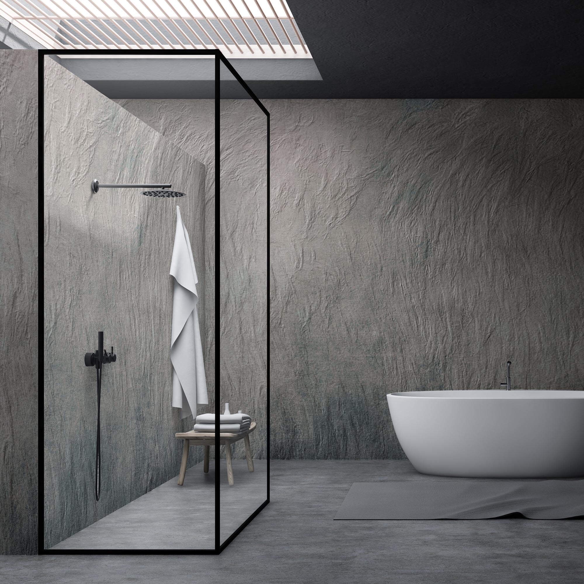 Gray bathroom interior, shower and tub
