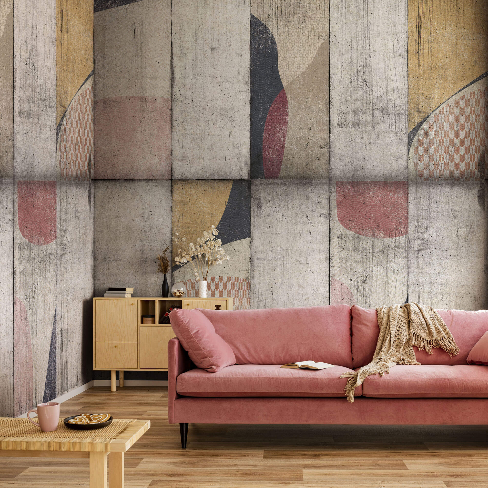 Comfortable velvet pastel pink couch in elegant beige interior w